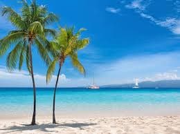 Bright Caribbean water with palms and sailboats.